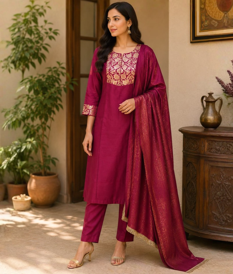 Wine Chanderi Silk Suit with Brocade Work & Organza Dupatta