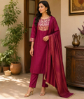 Wine Chanderi Silk Suit with Brocade Work & Organza Dupatta