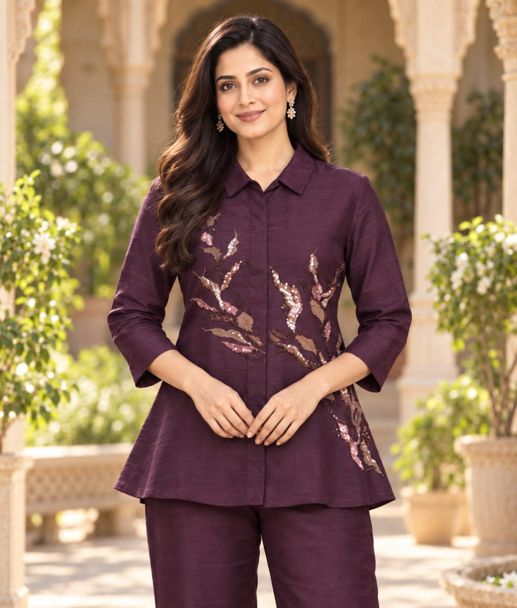 Purple Organza Co-ord Set with Sequin, Pearl, Kardana & Thread Work