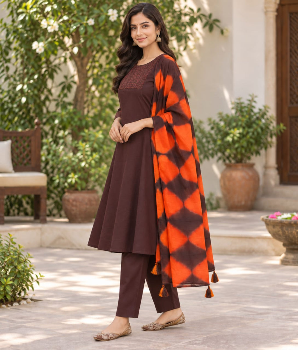 Coffee Chanderi Silk Suit with Thread Work & Cotton Dupatta