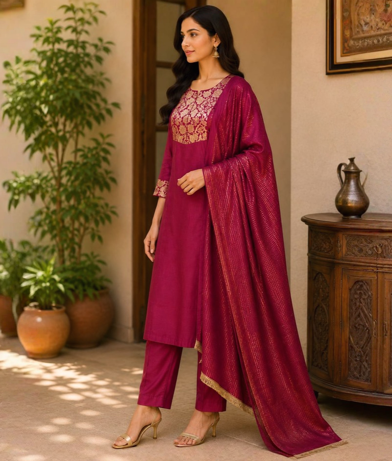 Wine Chanderi Silk Suit with Brocade Work & Organza Dupatta