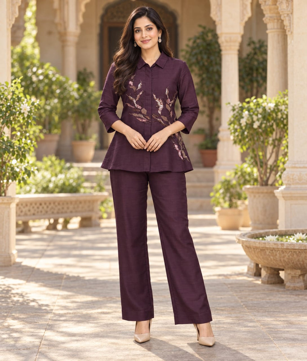 Purple Organza Co-ord Set with Sequin, Pearl, Kardana & Thread Work