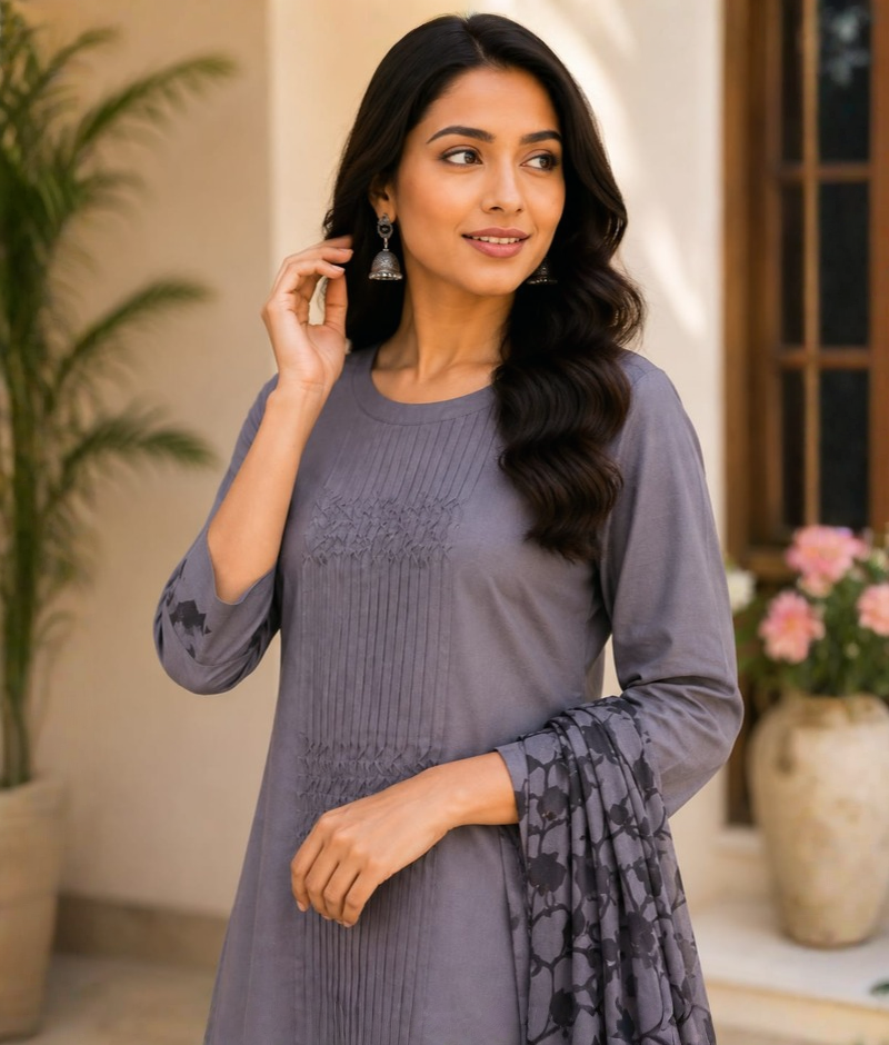 Grey Chanderi Silk Suit with Printed Mull Dupatta – 5XL