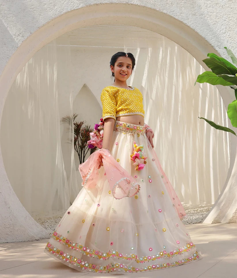 YELLOW MIRROR EMBROIDERED CHOLI WITH LEHENGA