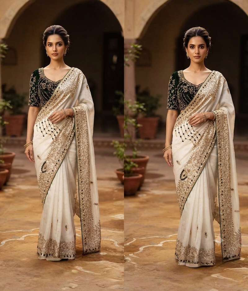 White organza saree with gota patti and stone work