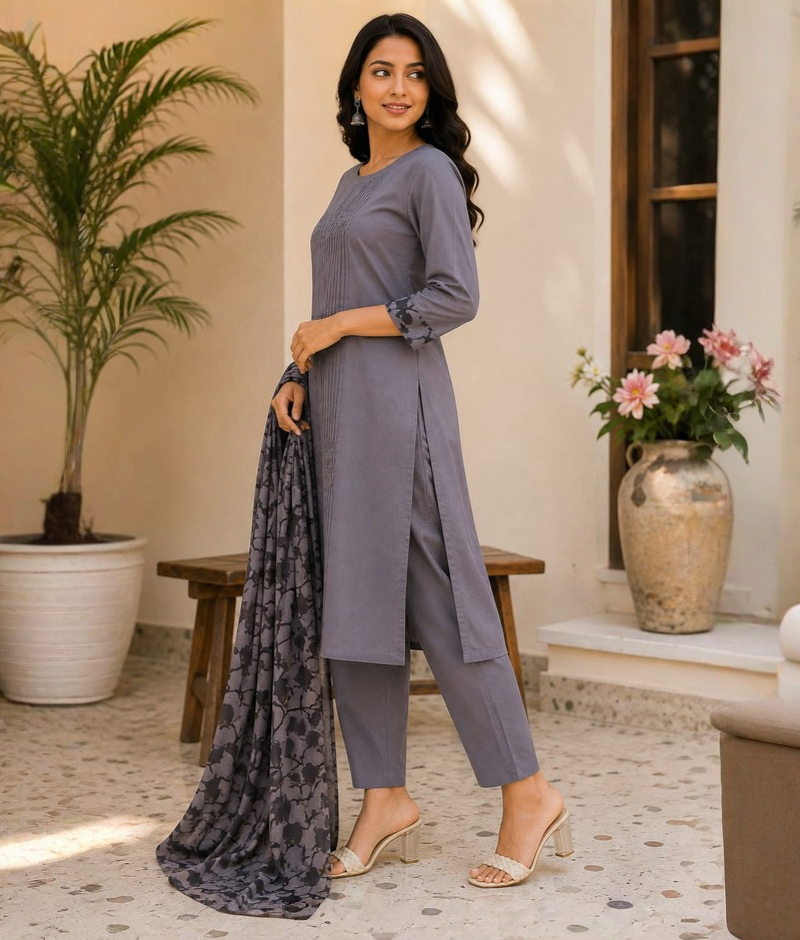 Grey Chanderi Silk Suit with Printed Mull Dupatta – 5XL