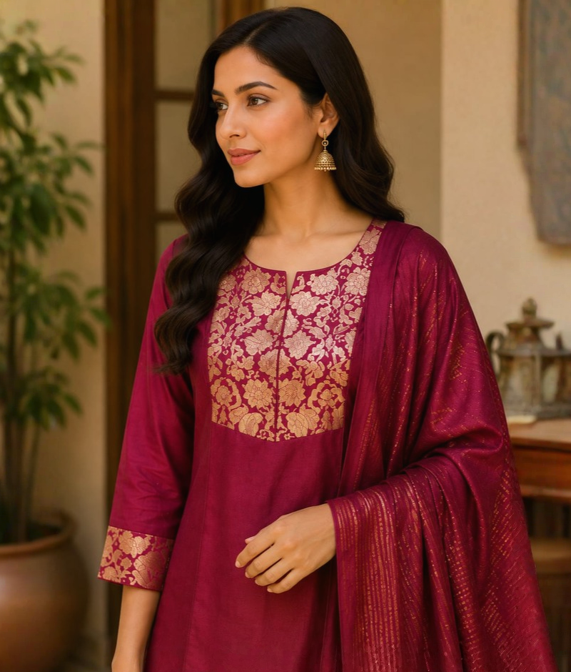 Wine Chanderi Silk Suit with Brocade Work & Organza Dupatta