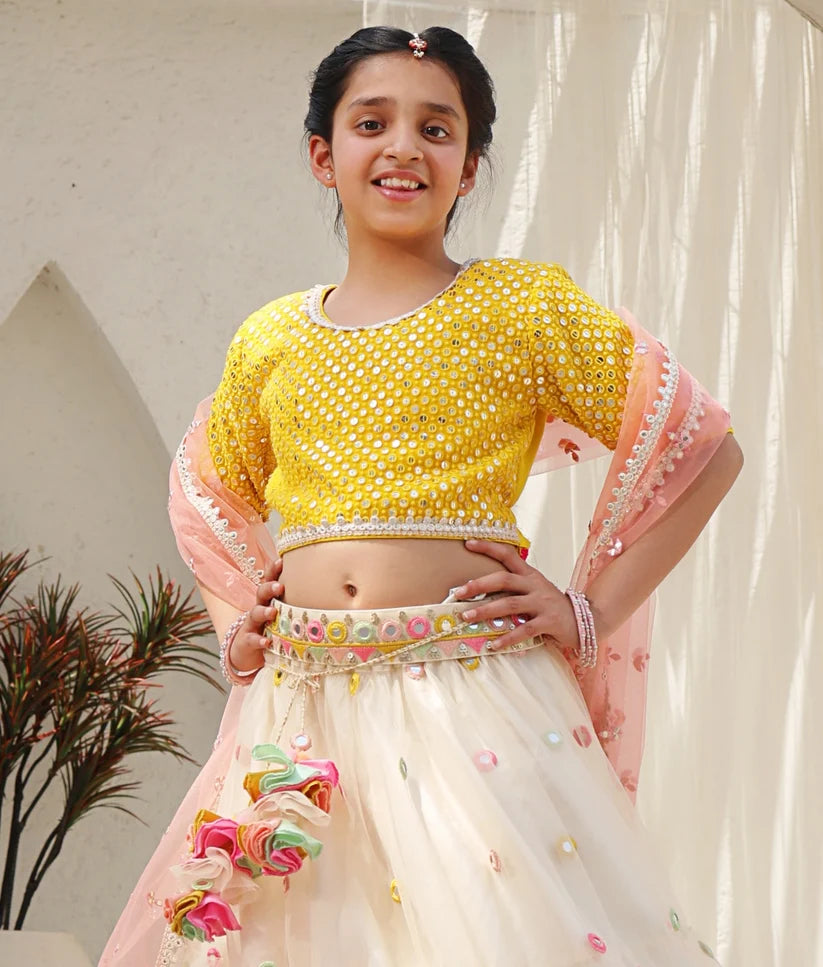 YELLOW MIRROR EMBROIDERED CHOLI WITH LEHENGA