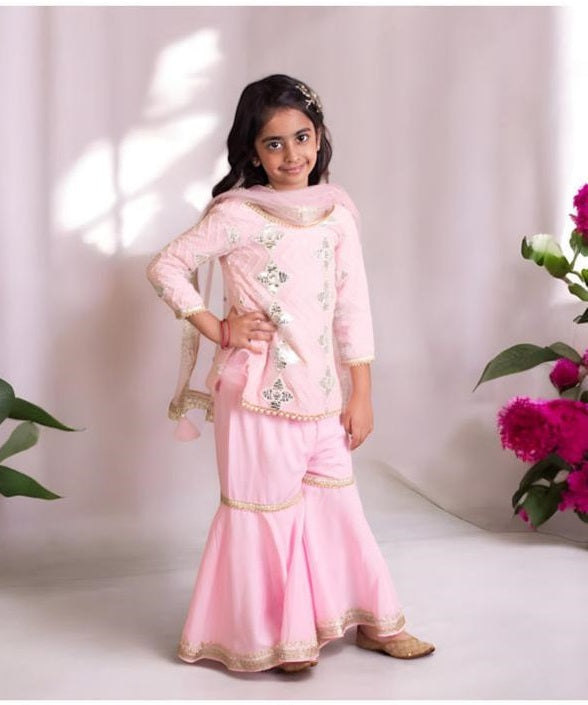 Elegant Pink Sharara Suit for Girls | Floral Embroidery with Golden Detailing & Dupatta