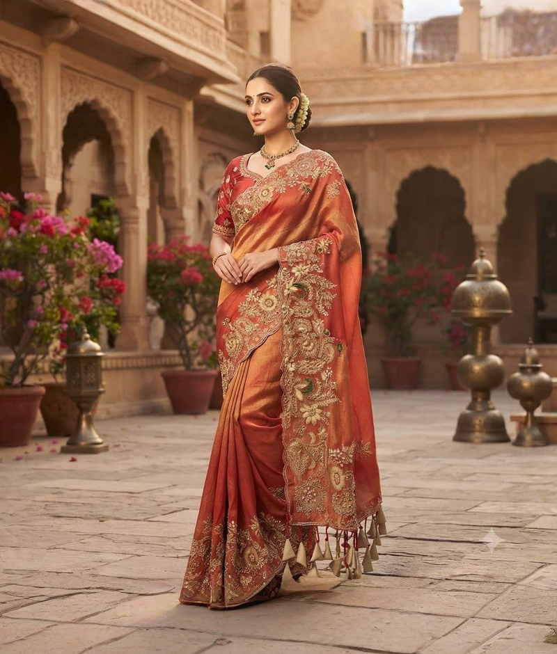 Rust tissue saree with zardozi work, a decorative border and tasselled pallu