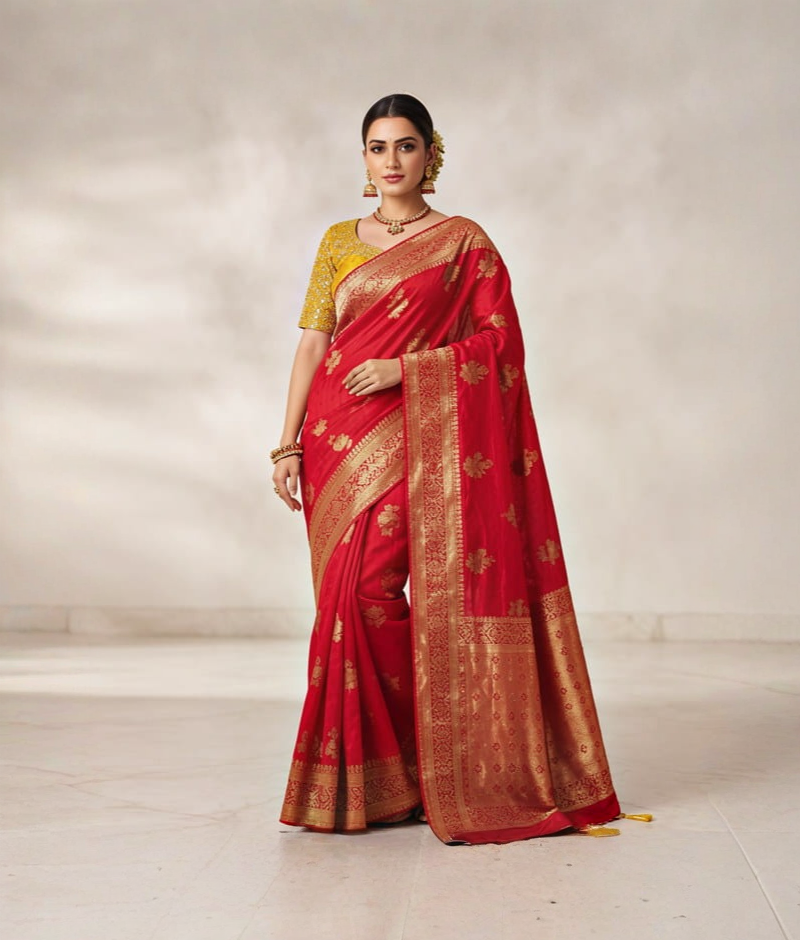 Rani pink saree with golden-toned motifs, a broad decorative border and contrasting blouse
