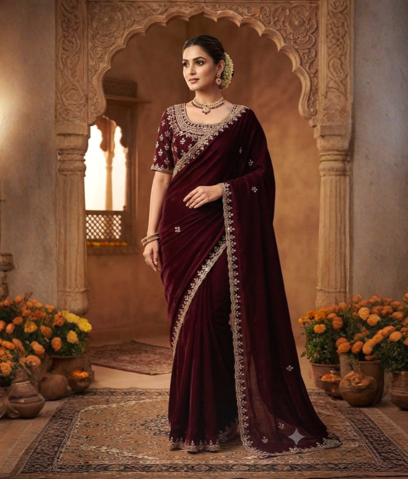 Wine soft organza saree with an embellished border and scattered motifs