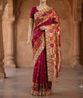 Rani handloom patola saree with colourful patterned panels and an ornate scalloped border