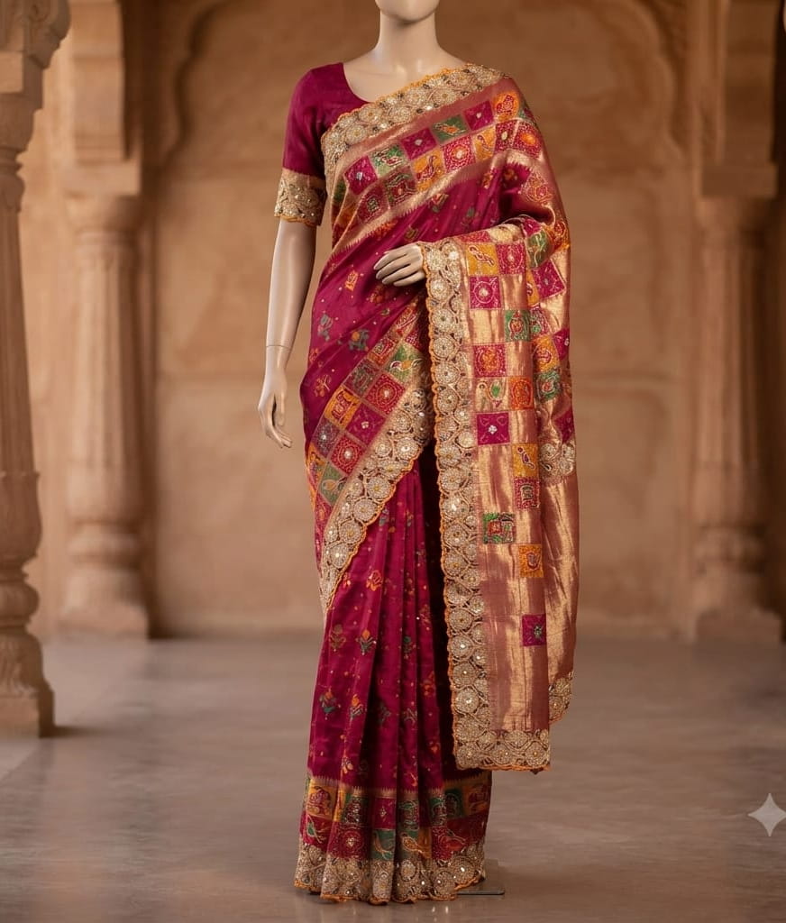 Rani handloom patola saree with colourful patterned panels and an ornate scalloped border