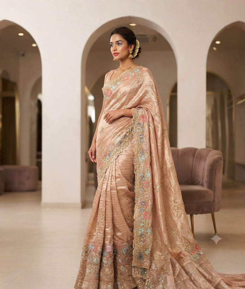 Golden tissue saree with sequence and thread work