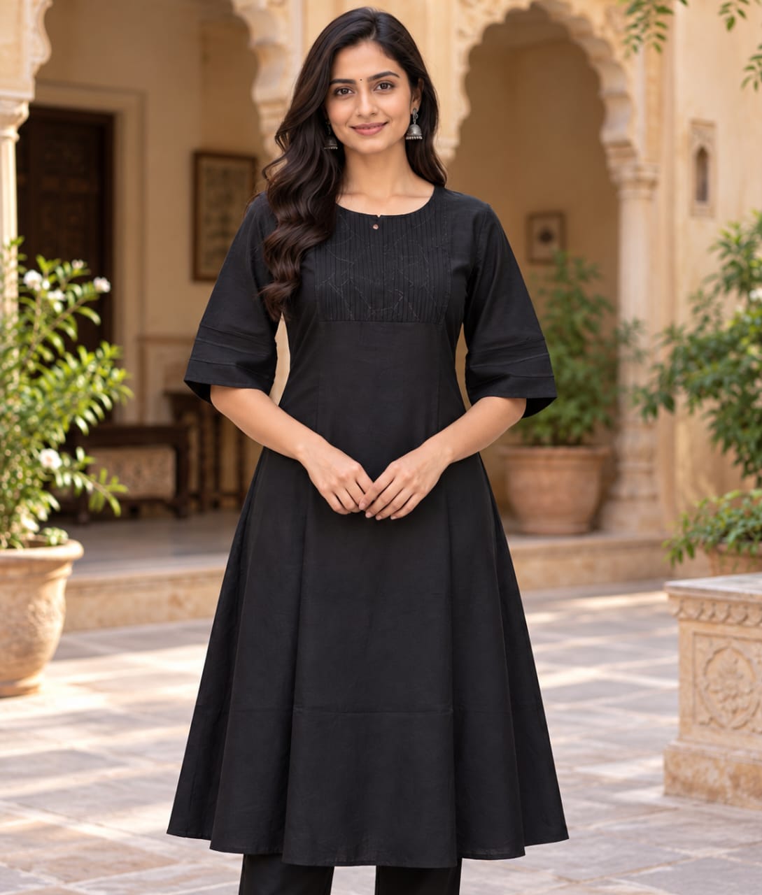 Black Chanderi Silk Suit with Tonal Thread Work