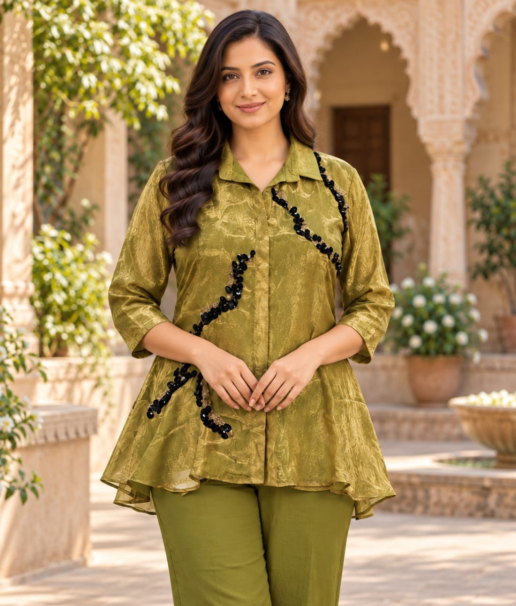 Green Tissue Co-ord Set with Stone & Pearl Work