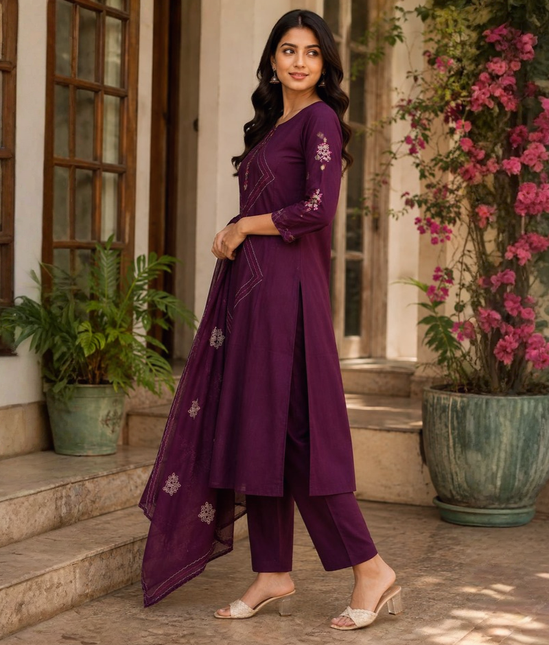 Wine Maroon Chanderi Silk Thread Work Suit with Mull Dupatta – 5XL