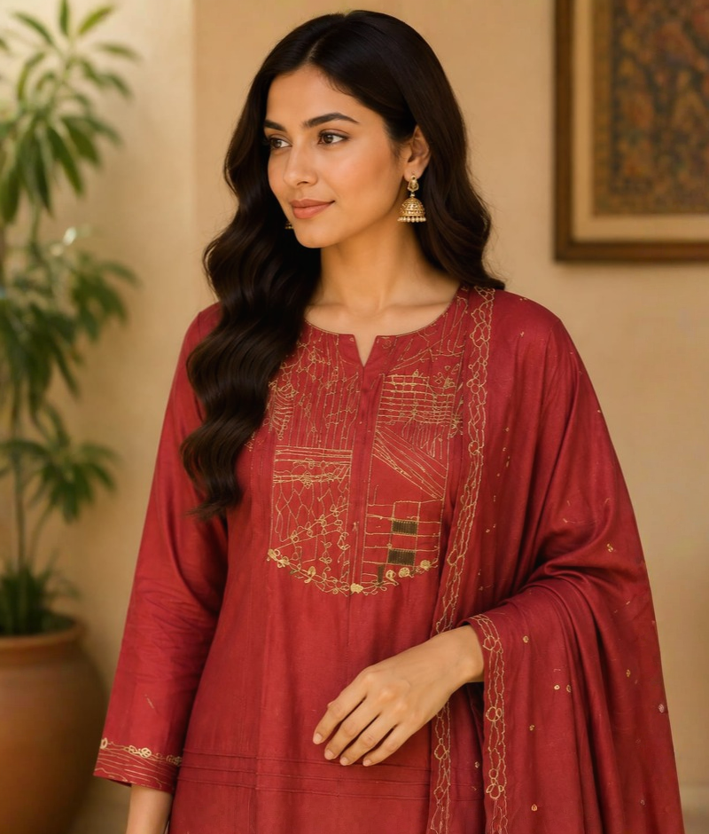 Rust Chanderi Silk Suit with Zari Pitta Work & Chanderi Silk Dupatta