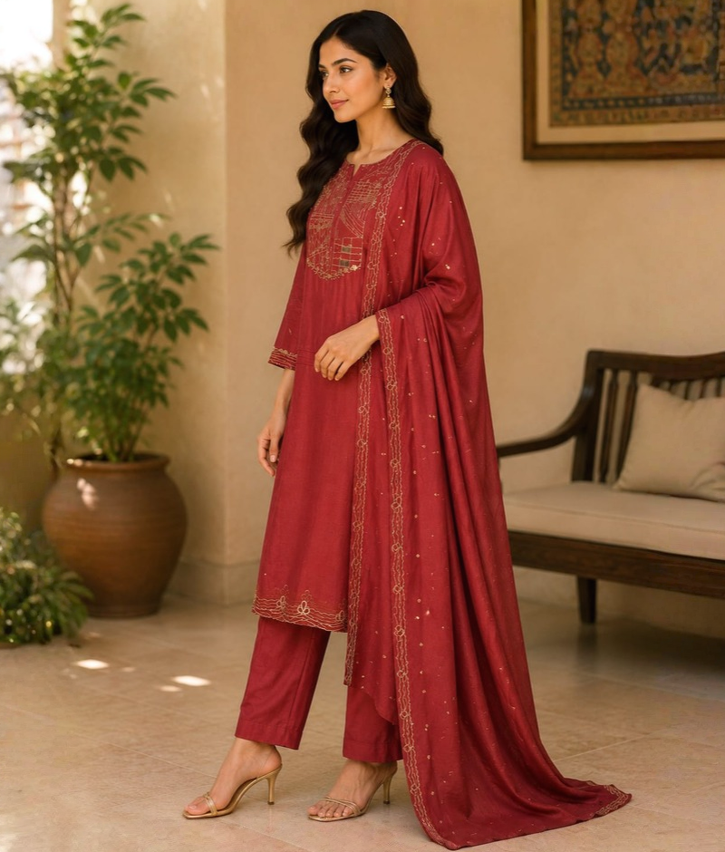 Rust Chanderi Silk Suit with Zari Pitta Work & Chanderi Silk Dupatta