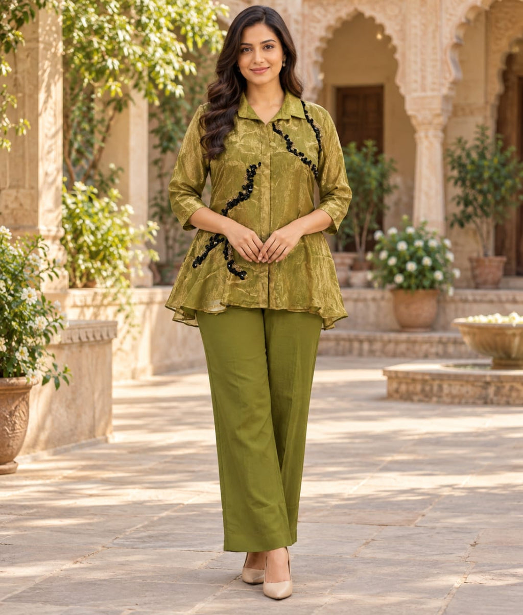 Green Tissue Co-ord Set with Stone & Pearl Work