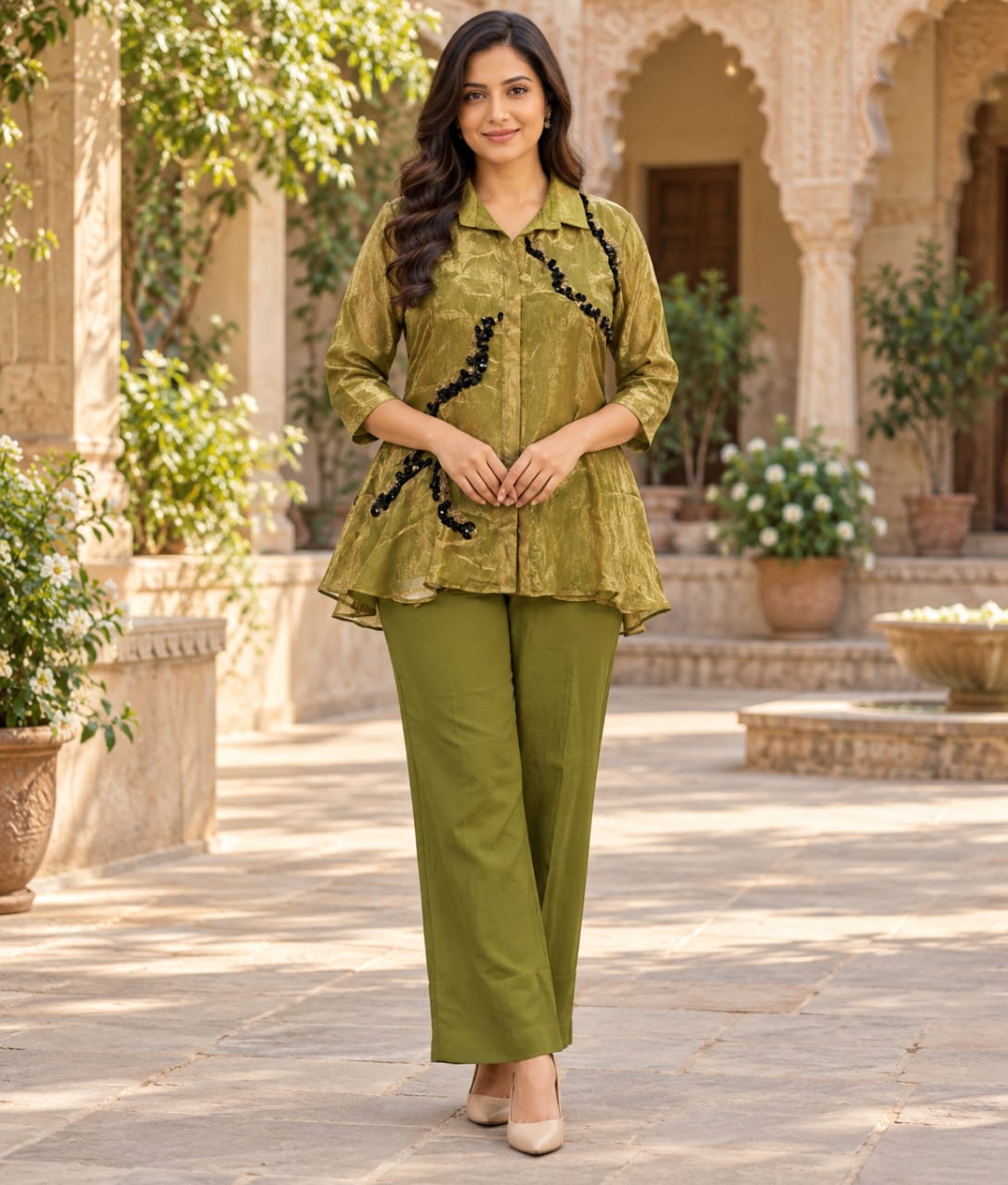 Green Tissue Co-ord Set with Stone & Pearl Work