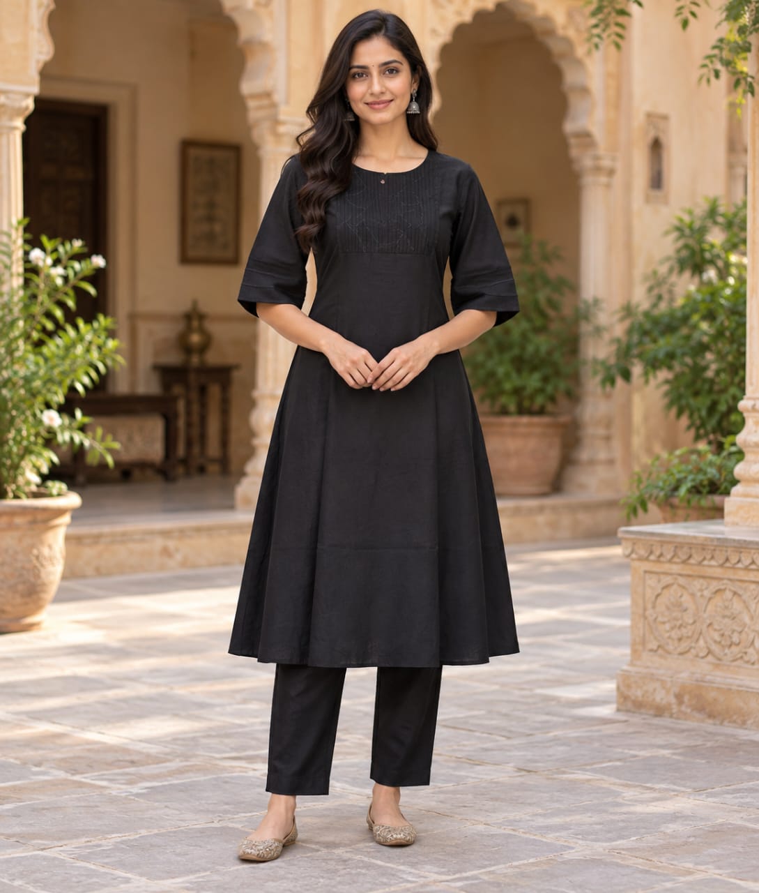 Black Chanderi Silk Suit with Tonal Thread Work