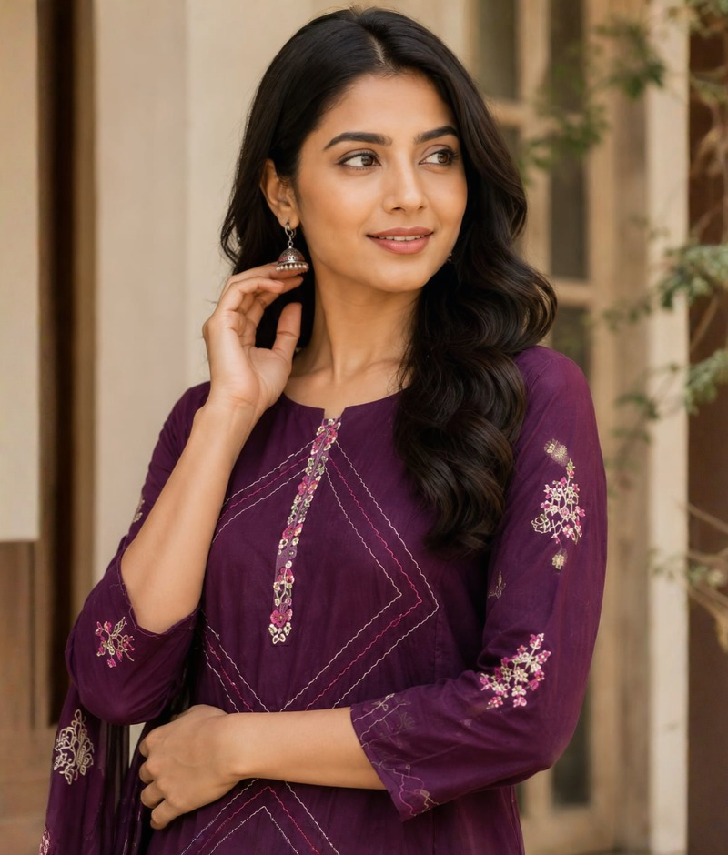 Wine Maroon Chanderi Silk Thread Work Suit with Mull Dupatta – 5XL