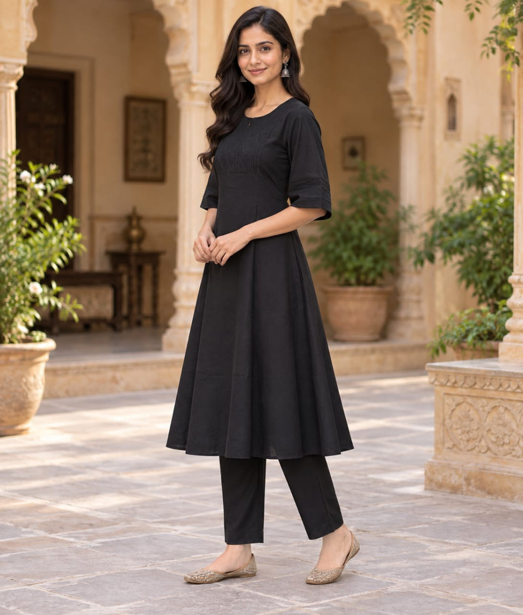Black Chanderi Silk Suit with Tonal Thread Work