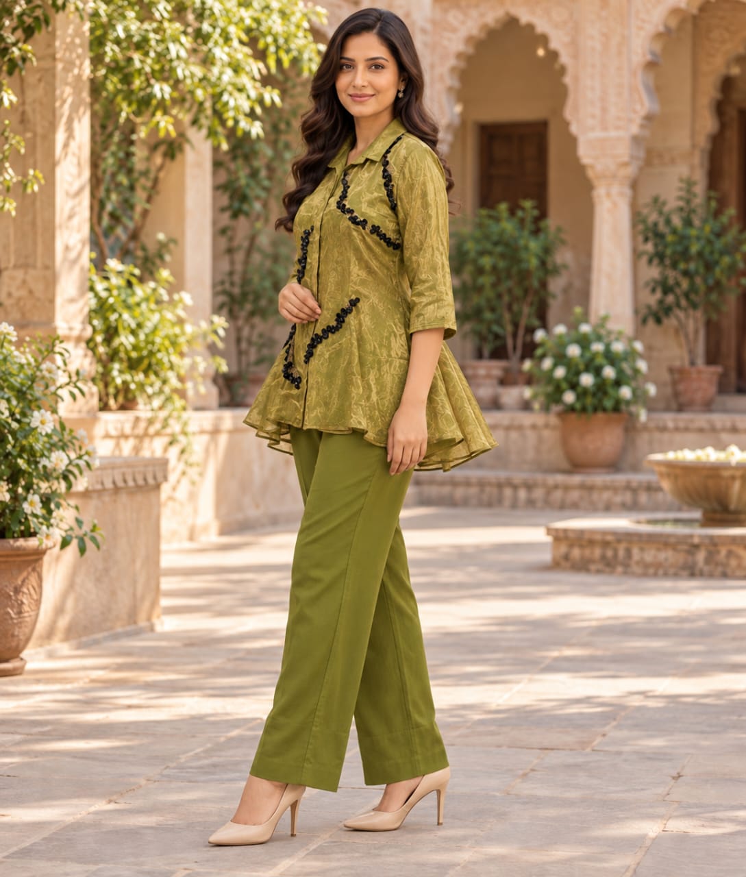 Green Tissue Co-ord Set with Stone & Pearl Work