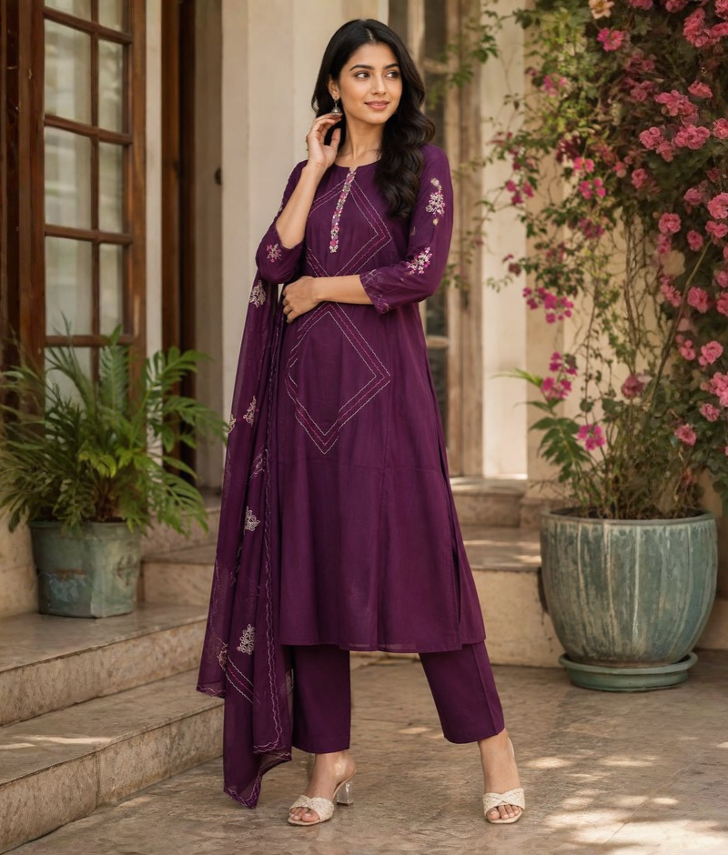 Wine Maroon Chanderi Silk Thread Work Suit with Mull Dupatta – 5XL