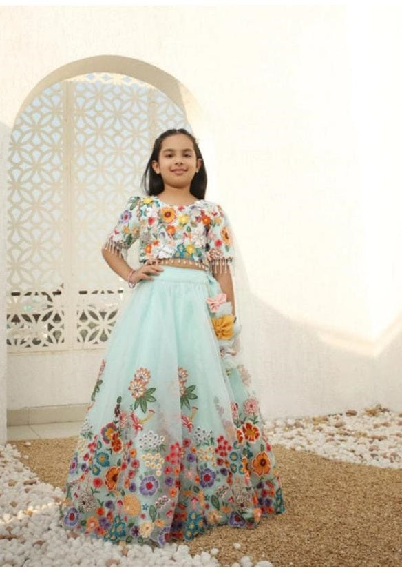 Beautiful Floral Lehenga for Girls | Pastel Mint Green with Floral Print Blouse & Flared Skirt