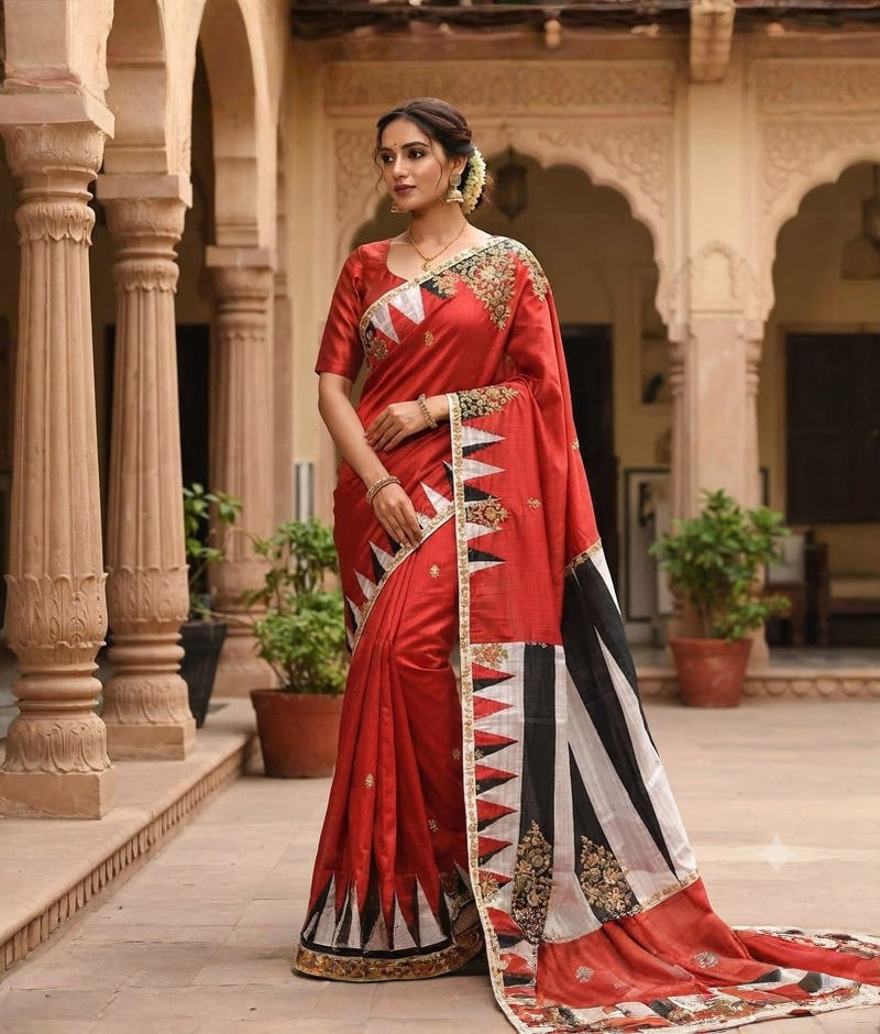 Reddish Orange Ghicha Silk Saree with  Zardozi Work