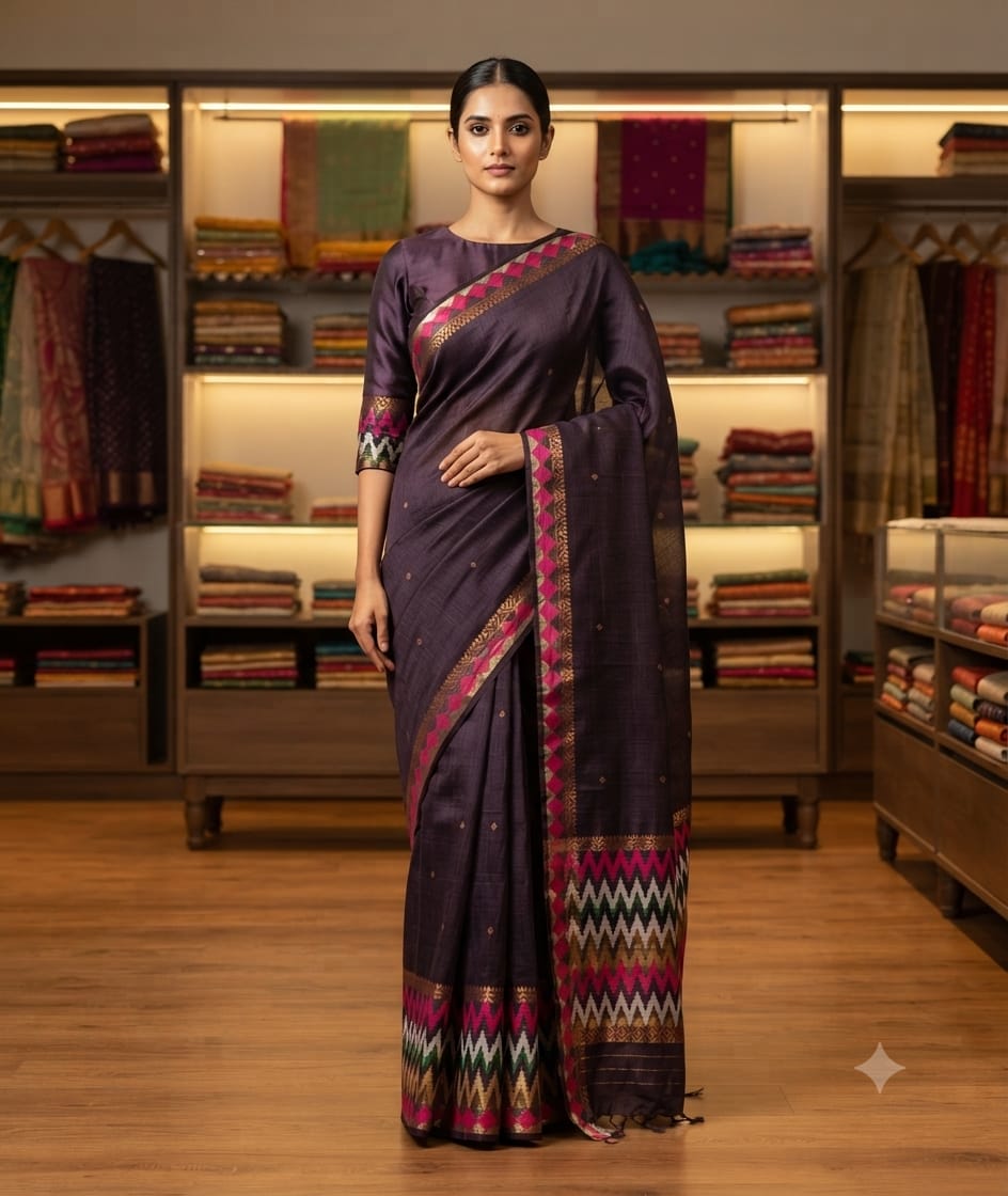 Jamuni purple saree with contrasting pink and geometric patterned border and pallu
