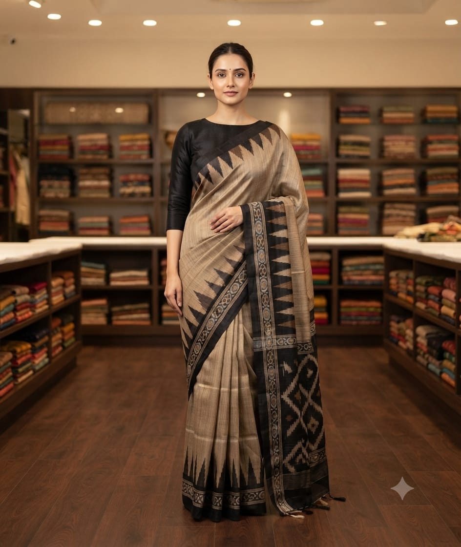 Chiku saree with a contrasting black temple border and patterned black pallu