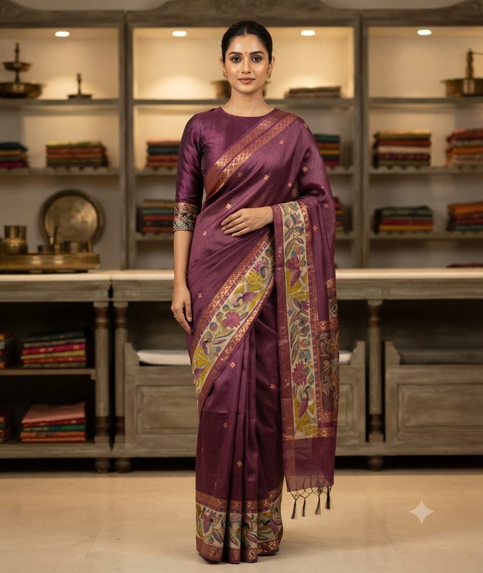 Purple saree with a colourful floral patterned border, scattered motifs and tasselled pallu