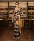 Chiku saree with brown and black zigzag print, gold-toned border and tasselled pallu