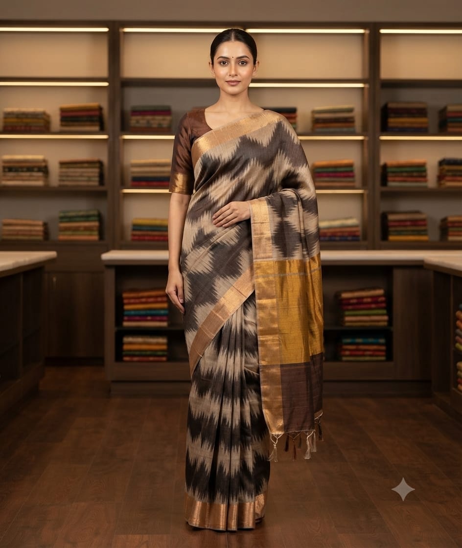 Chiku saree with brown and black zigzag print, gold-toned border and tasselled pallu