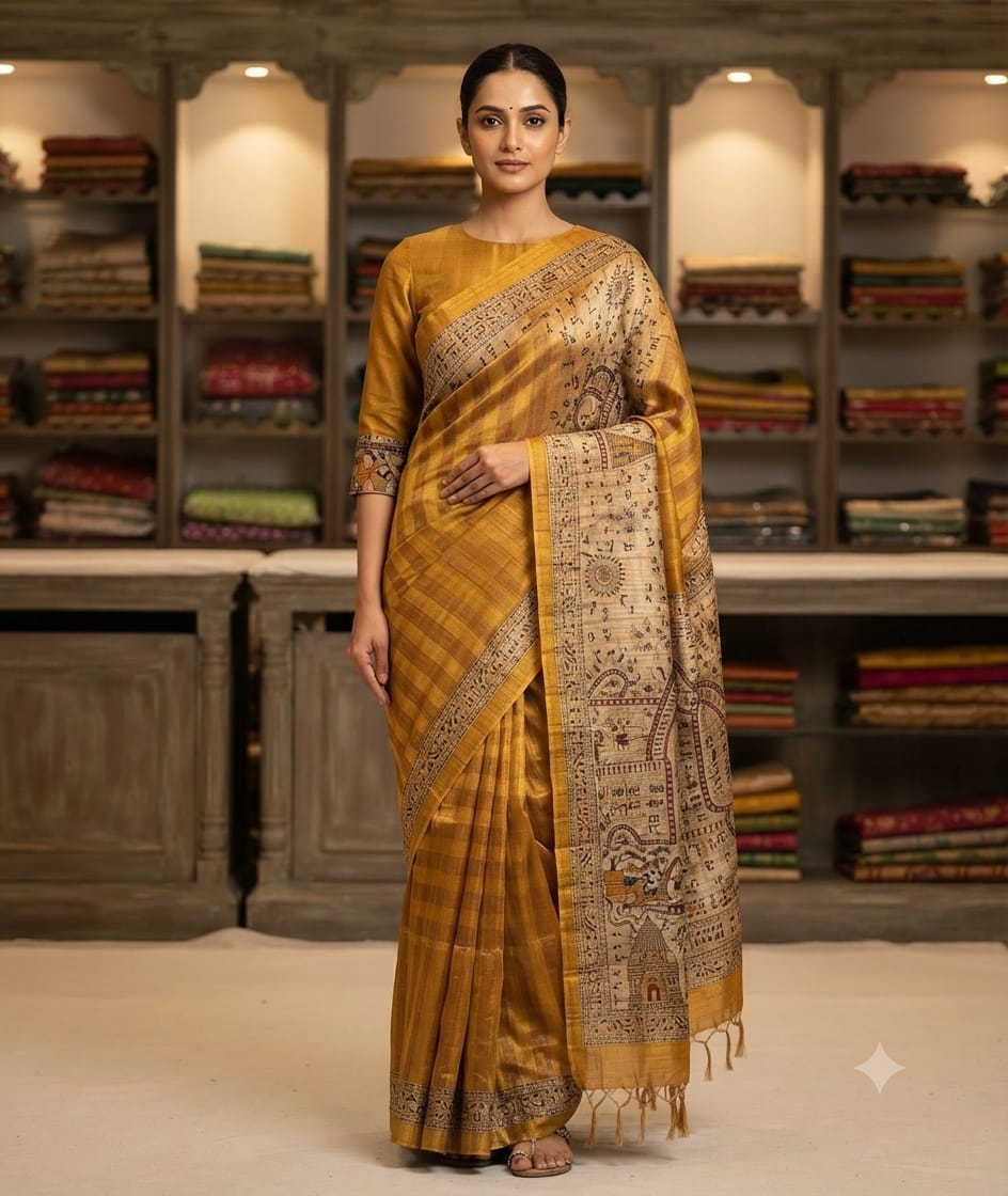 Yellow saree with a patterned border and contrasting printed pallu with tassels