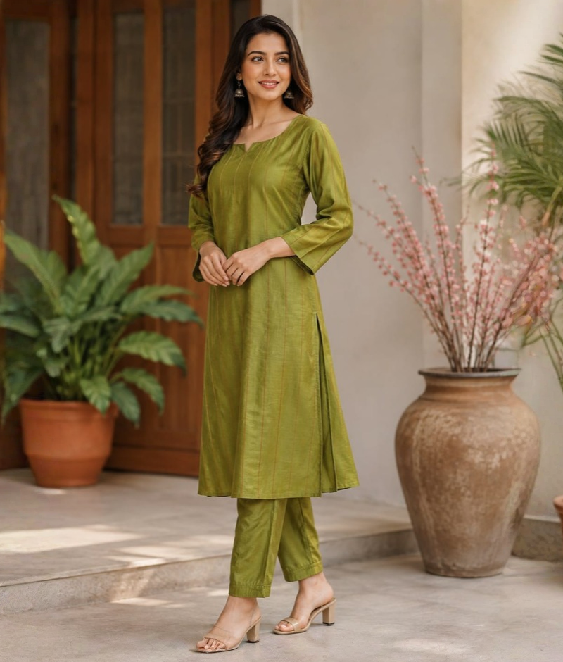 Mehndi Green Pure Chanderi Silk Thread Work Suit – 5XL