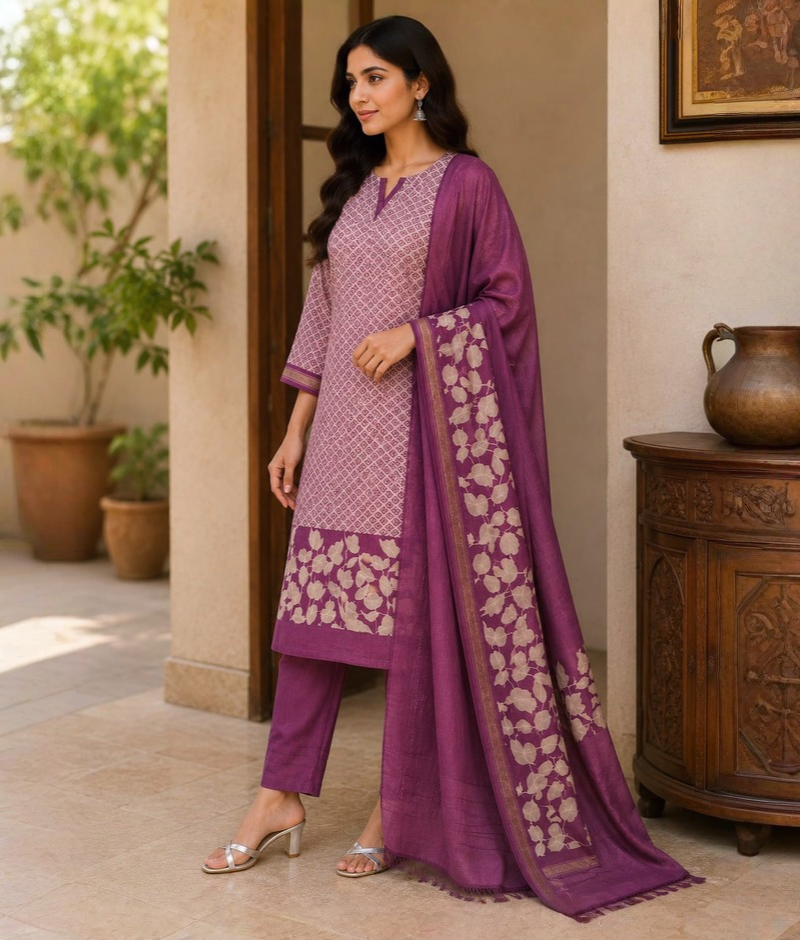 Purple Chanderi Silk Printed Suit with Chanderi Dupatta