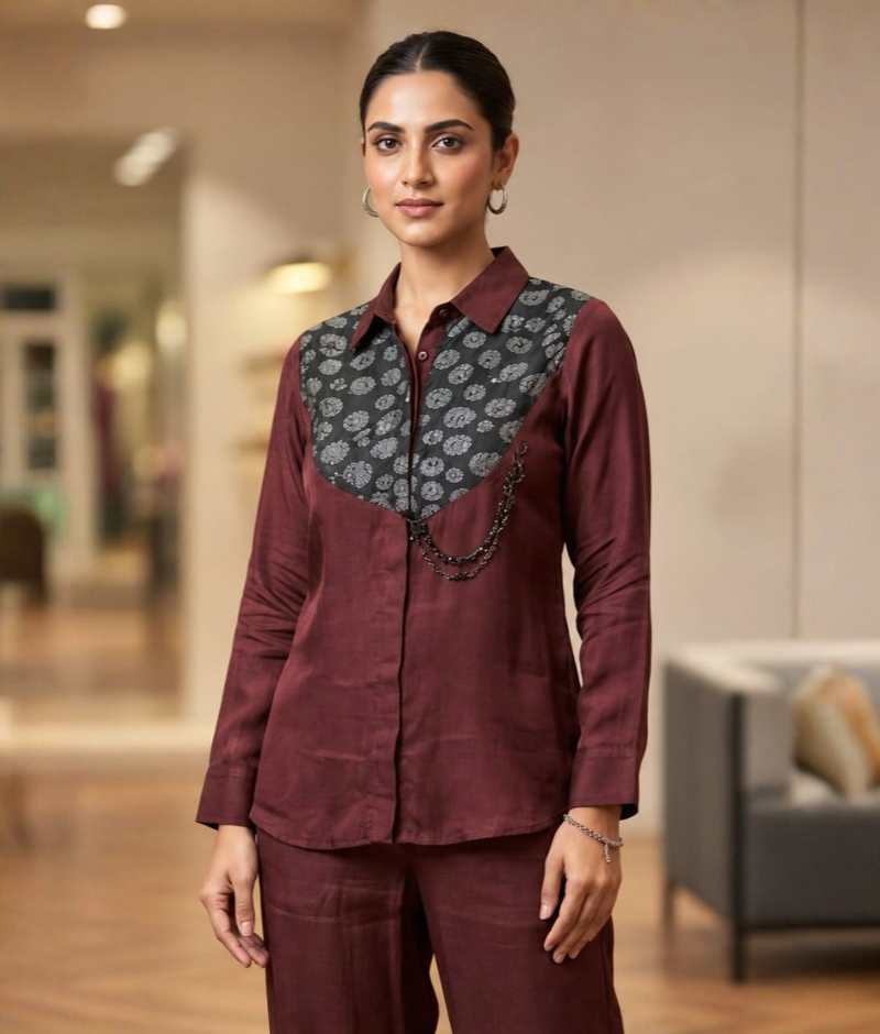 Maroon Organza Block Print Shirt Coord Set