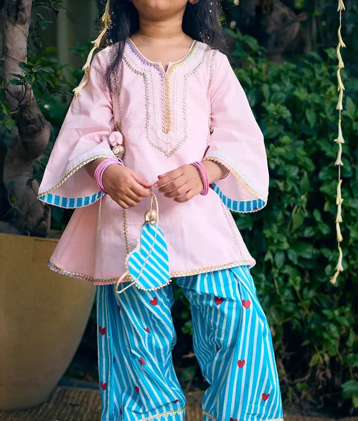 Baby Pink Kurti with Heart Printed Farshi Salwar