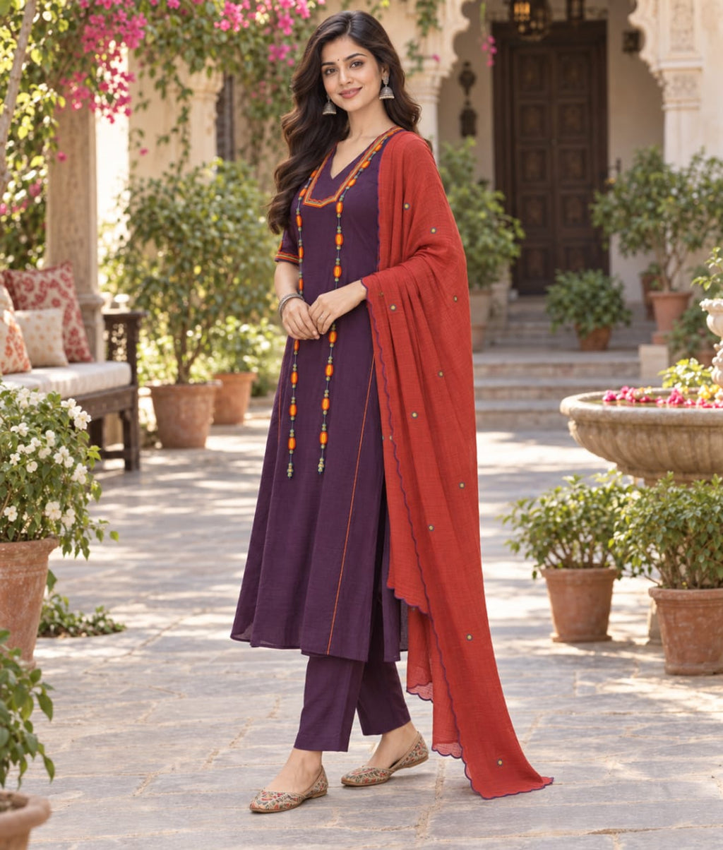 Purple Mul Cotton Suit with Thread Work & Mul Cotton Dupatta