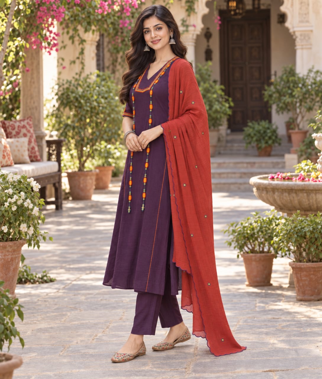 Purple Mul Cotton Suit with Thread Work & Mul Cotton Dupatta