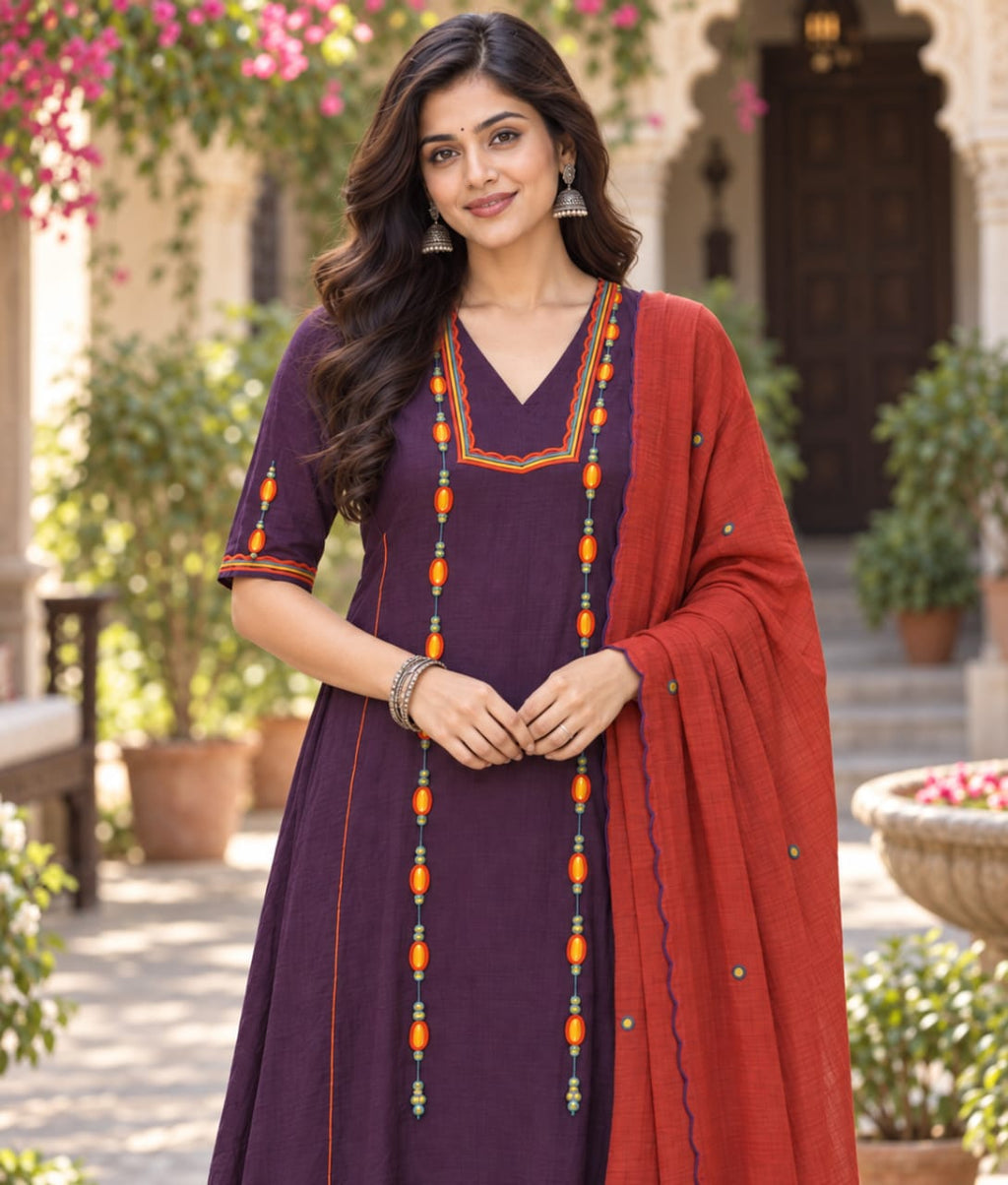 Purple Mul Cotton Suit with Thread Work & Mul Cotton Dupatta