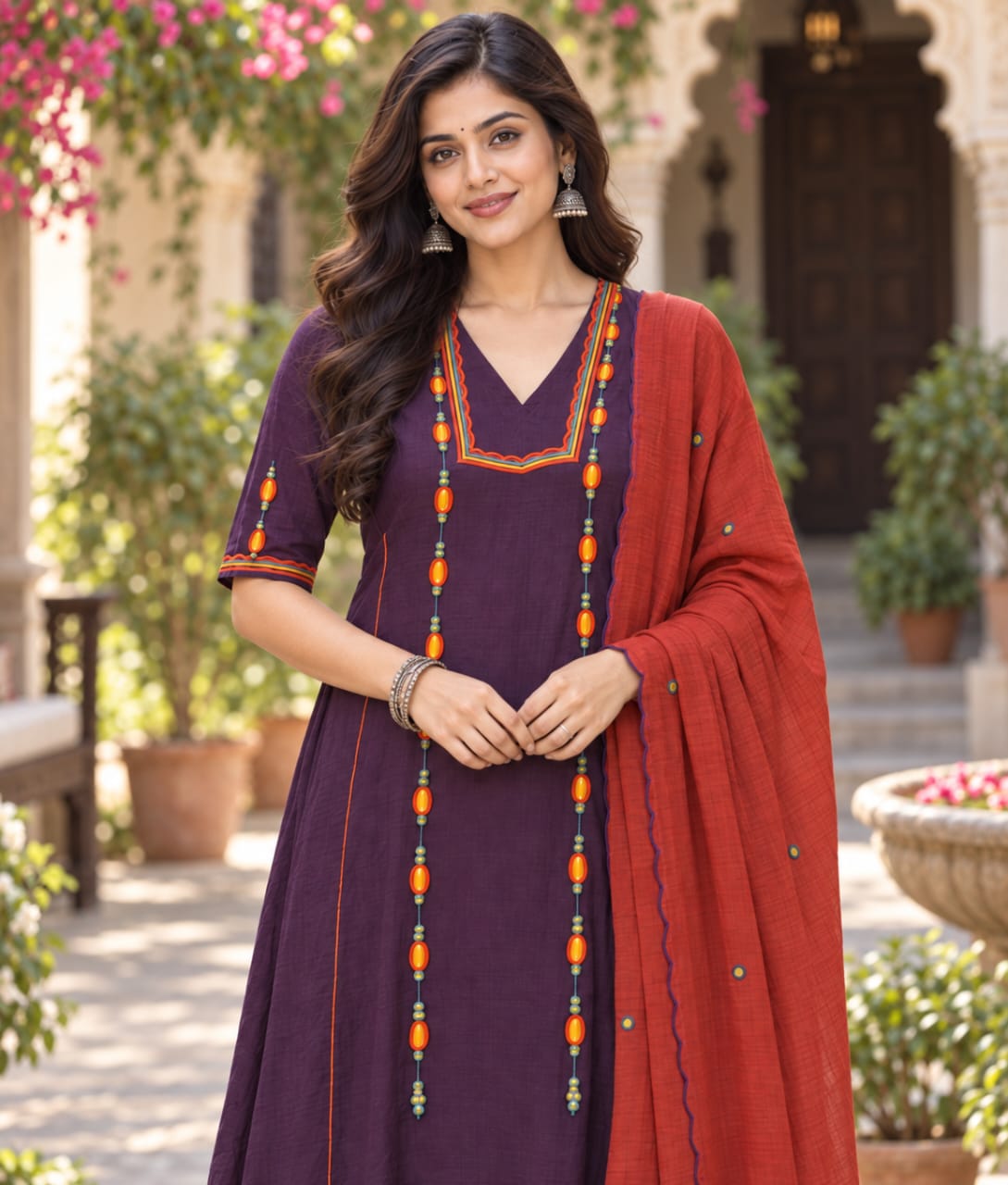 Purple Mul Cotton Suit with Thread Work & Mul Cotton Dupatta