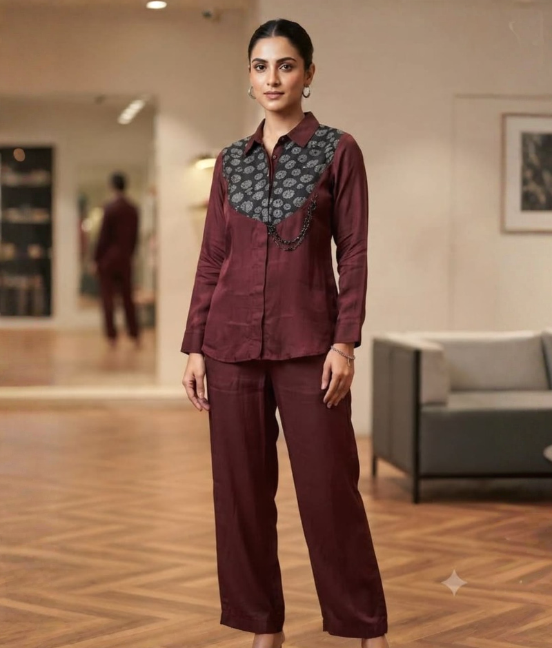 Maroon Organza Block Print Shirt Coord Set