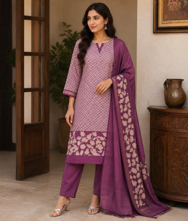 Purple Chanderi Silk Printed Suit with Chanderi Dupatta