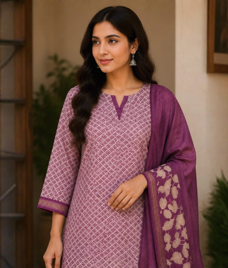 Purple Chanderi Silk Printed Suit with Chanderi Dupatta